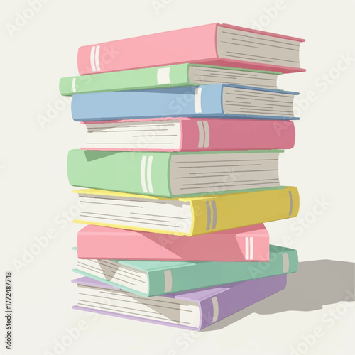 A colorful stack of books, bound and hardcover, with spine details, on a plain background, suggesting knowledge and literature