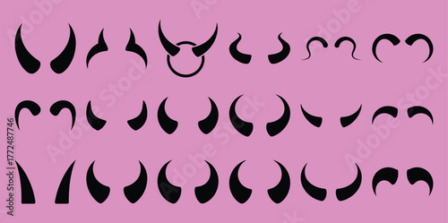 Collection of Black Devil Horns and Antlers in Various Styles on Pink Background