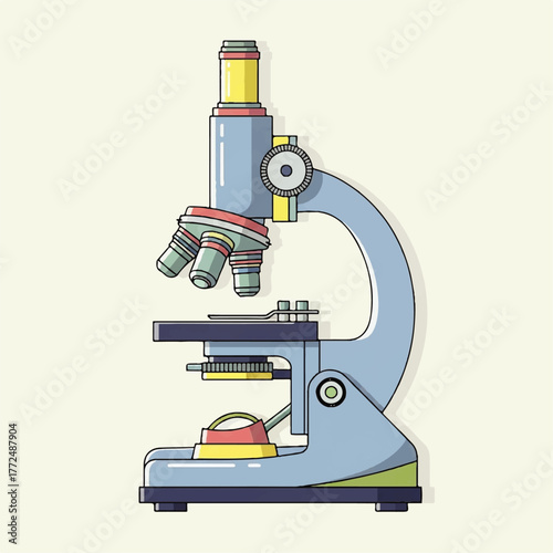 Microscope illustration with multiple lenses and stage for viewing specimens up close in a laboratory setting, ideal for scientific research and education