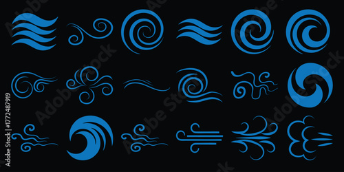 Collection of Blue Swirling and Wavy Abstract Graphic Elements on Black Background