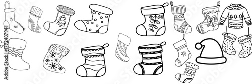  A whimsical collection of holiday socks and a winter hat, arranged in a playful layout, ready for coloring or adding a touch of festive cheer.