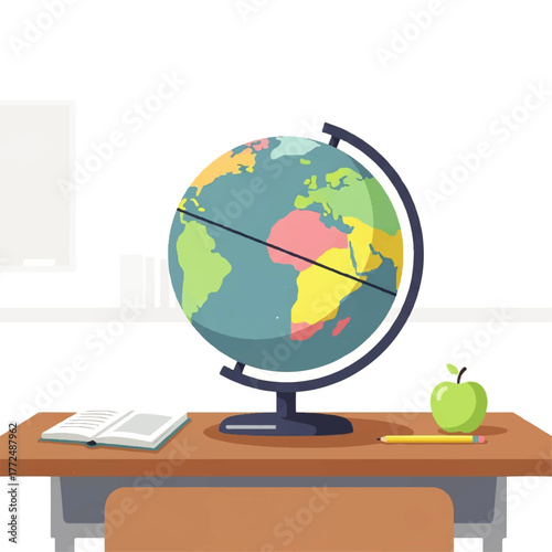 World Globe, Open Book, Apple, Pencil on a Desk Illustration
