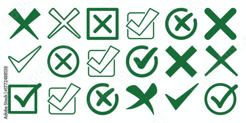 Collection of Green Checkmark and Cross Symbols on White Background