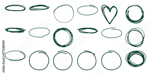 Collection of Hand-Drawn Circles, Ovals, and a Heart Shape