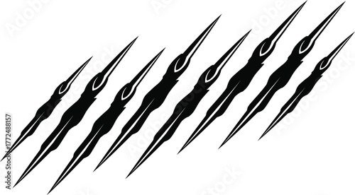 Abstract claw mark vector, black sharp symmetrical design, diagonal scratch pattern, aggressive graphic element, tattoo style, tribal art illustration, isolated