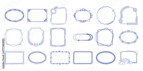 Collection of Hand-Drawn Decorative Blue Frames and Borders for Design
