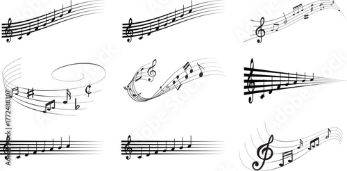 Collection of Musical Notes and Staffs in Various Artistic Styles