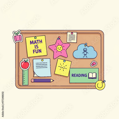 Creative corkboard illustration with fun learning elements, school supplies, positive study notes, and decorative stickers, perfect for educational themes