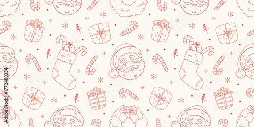 Christmas seamless pattern with doodle hand drawn Santa Claus, candy cane, wreath. Cute vintage Xmas background for print, wrapping paper, fabric, textile, wallpaper.