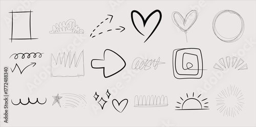 Collection of Hand-Drawn Doodle Icons: Shapes, Arrows, Hearts, and Nature Elements
