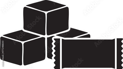 Black silhouette of sugar cubes and a candy wrapper isolated on white background