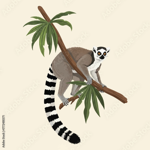a playful lemur clinging to a tropical limb, tail coiled in graceful movement