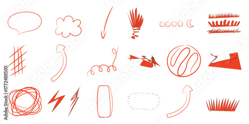 Collection of Red Hand-Drawn Doodle Icons and Symbols on White Background