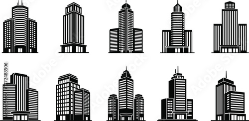 High-rise building silhouette vector, modern skyscraper designs, black architectural shapes, urban tower icons, isolated graphic layout for cityscape, decor, planning