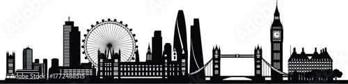 London skyline silhouette vector, iconic landmarks in black, Big Ben, Tower Bridge, London Eye, Shard, Gherkin, isolated graphic for travel, decor
