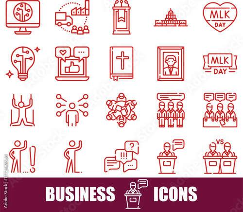 Collection of Red Line Icons Representing Business, Technology, and Social Concepts