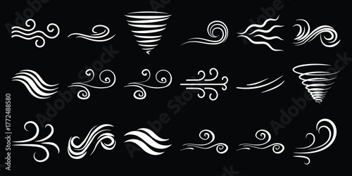 Collection of Stylized White Wind and Tornado Icons on Black Background