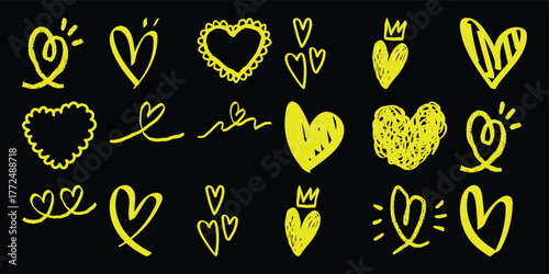 Collection of Yellow Hand-Drawn Heart Icons on Black Background