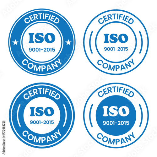 ISO 9001-2015 Certified Company Stamp. Quality Assurance and Compliance Certification Logo for Business and Manufacturing. ISO 9001-2015 Certified Company badge, flat vector, isolated illustration.