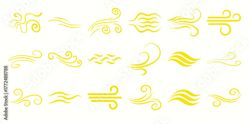 Collection of Yellow Swirling Wind and Wave Icons on White Background