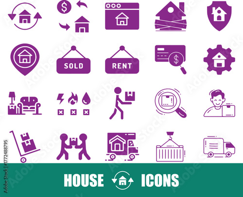 Purple House and Real Estate Icons Set: Buying, Selling, Renting, Moving, and Services