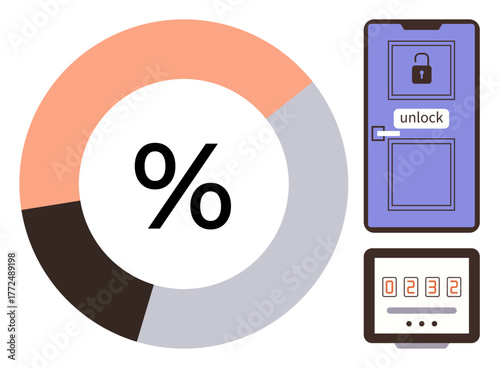 Pie chart with percentage symbol, closed door with lock, and keypad with numbers. Ideal for security, data analysis, statistics, access control, password protection, encryption visual representation