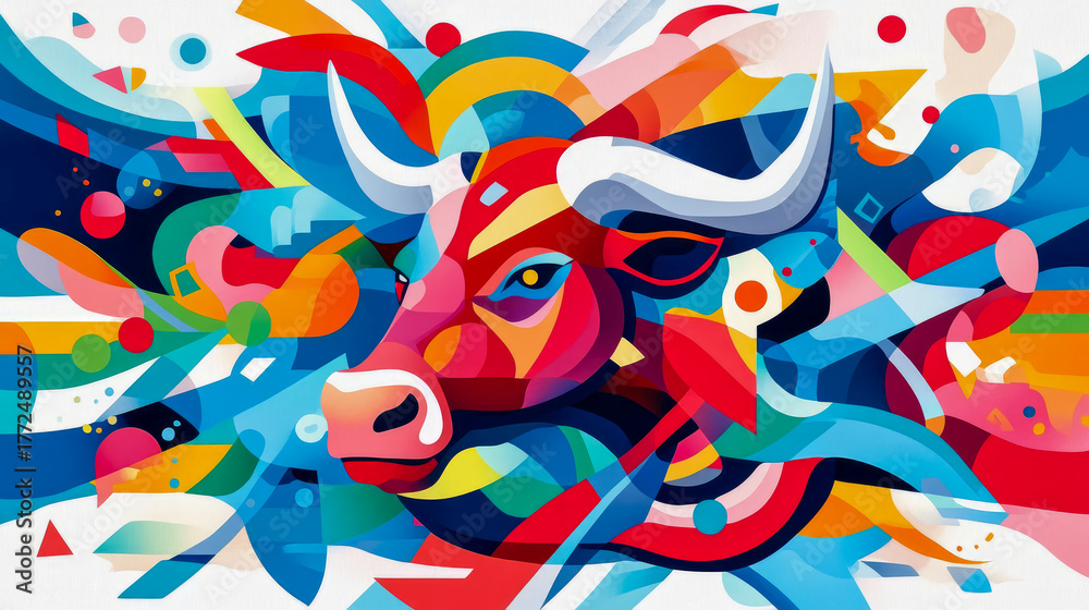 Obraz premium Dynamic Abstract Bull Head Artwork in Modern Cubist-Inspired Style, Bursting with Vibrant Hues, Geometric Patterns, and Flowing Shapes, Evoking Artistic Energy