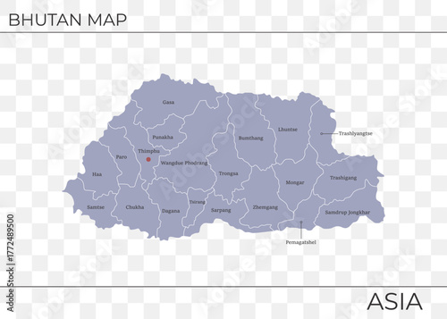 Map of Bhutan with cities and regions Vector illustration Geography