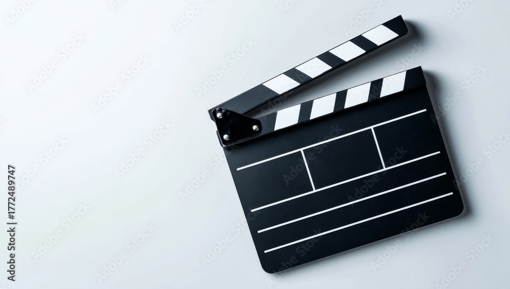 Fototapeta premium A clapperboard for film lies horizontally on a white surface, symbolizing the initiation of a new movie project and capturing the artistic heart of storytelling that unfolds during production