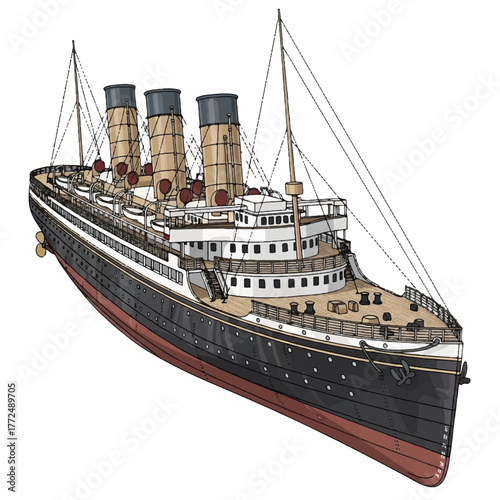 a majestic old steamer with elegant railings, textured metal body, and tall smokestacks, symbolizing a bygone era of travel