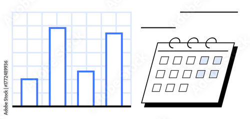 Bar chart with grid and calendar with spiral binding. Ideal for scheduling, planning, analysis, tracking, productivity, organization, research. Simple flat metaphor