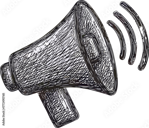 A loudspeaker is depicted in a modern illustration emitting sound waves with a noise symbol line icon