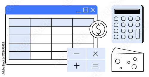 Spreadsheet with rows and columns, calculator, arithmetic operations icons, and a cheese piece. Ideal for finance, budgeting, accounting, cost analysis, business management education simple flat