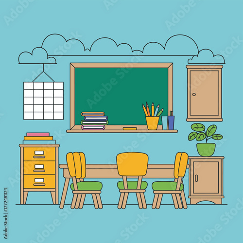 Bright and Cheerful Classroom Scene. Vector Illustration Featuring Desks, Chalkboard, and Colorful School Interior – Education, Learning, and Back-to-School Concept Design