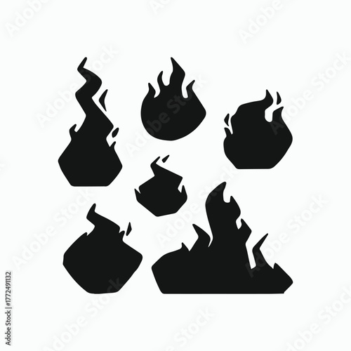 Black fire silhouettes set in various shapes. Flat vector illustration for heat, flame icons, danger warnings, or graphic game assets