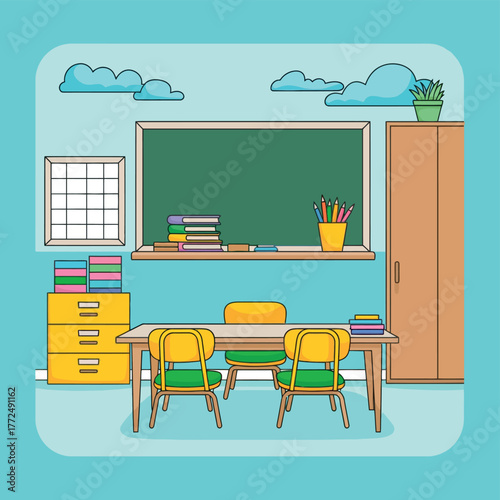 Classroom Interior Vector Illustration – Bright Educational Scene with Desks, Blackboard, Books, and Supplies – School Learning Environment for Kids and Teachers
