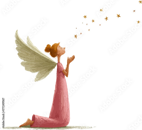 A watercolor style artwork for nursery decor and children's books showcases a sweet angel character with distinctive ginger hair and a pink dress, as she spreads her beautiful feathered wings