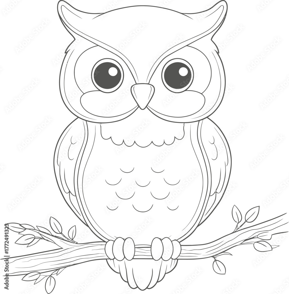 Fototapeta premium A charming cartoon owl sits on a twig, boasting big expressive eyes and fluffy feathers, all intricately detailed for artistic appreciation