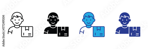 Delivery person holding a package icon set, isolated on white background