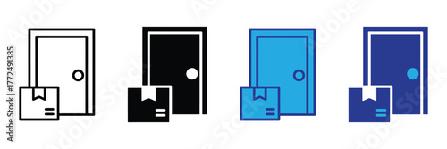 Delivery icon set showing a package left at the door in different styles, isolated on white background