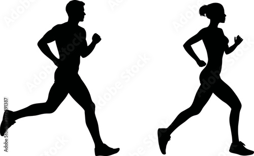 A modern art illustration, 'Running silhouettes', showcases male and female runners in motion, created for sports and fitness purposes, with the designation
