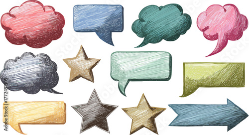 Doodle elements like speech bubbles, arrows, stars, and abstract shapes come together in this vibrant collection to enhance creative design projects