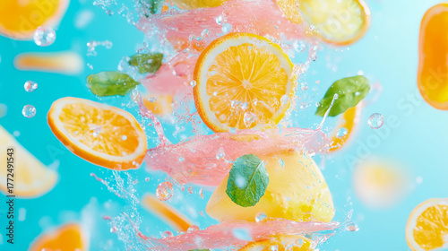 Vibrant citrus fruit slices and fresh mint leaves splashing dynamically in cool pink liquid against bright blue background, evoking refreshment and summer