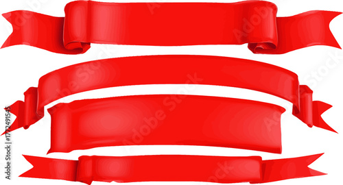 Seven differently designed red ribbons and banners of varied shapes and styles are collected for ornamental and informative use
