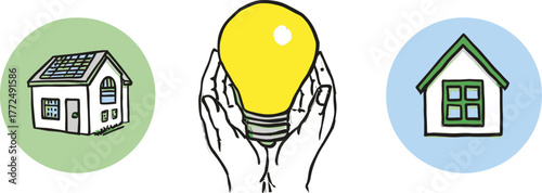 Smart home energy efficiency is illustrated through circular icons in a modern house outline design