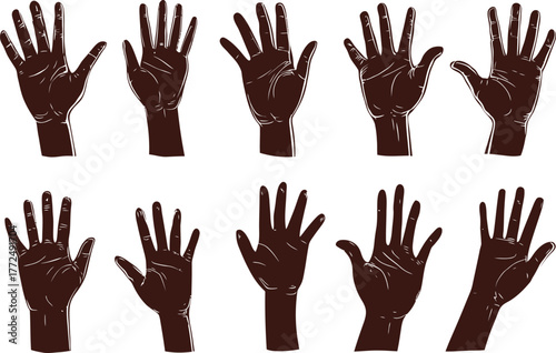 Hand gestures of all kinds are showcased in silhouette, featuring a multitude of poses and movements including open, closed, and symbolic hand positions, great for icon design