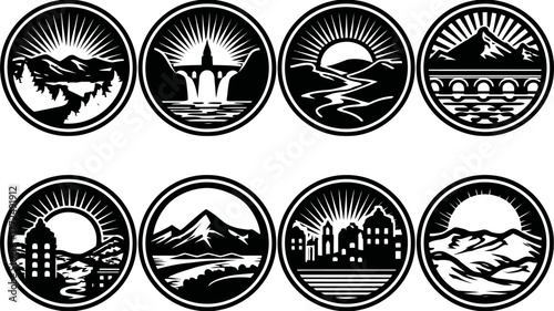 Retro Dam Illustrations Collection Featuring Black and White Woodcut Style Hydroelectric Power Icons
