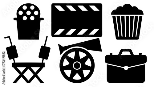 Movie production elements in black and white for cinema industry promotion