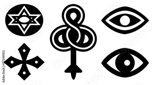 Collection of esoteric symbols in black and white for spiritual practices