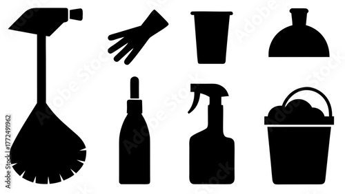 Cleaning supplies arranged neatly on a white background ready for spring cleaning